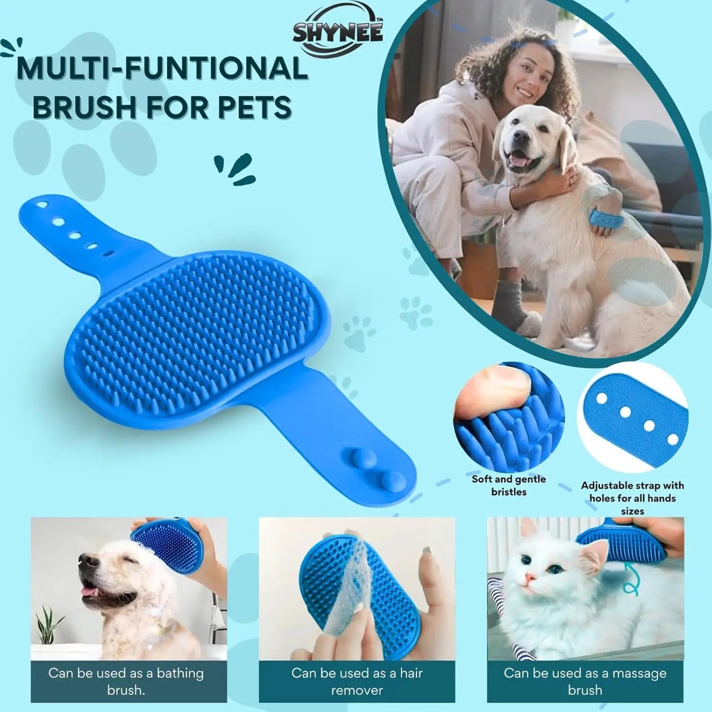 8PCs Dog Grooming Kit with Shampoo Brush, Washing Gloves, Adjustable Bath Brush, Paw Cleaner, Toothbrushes for Pet Care