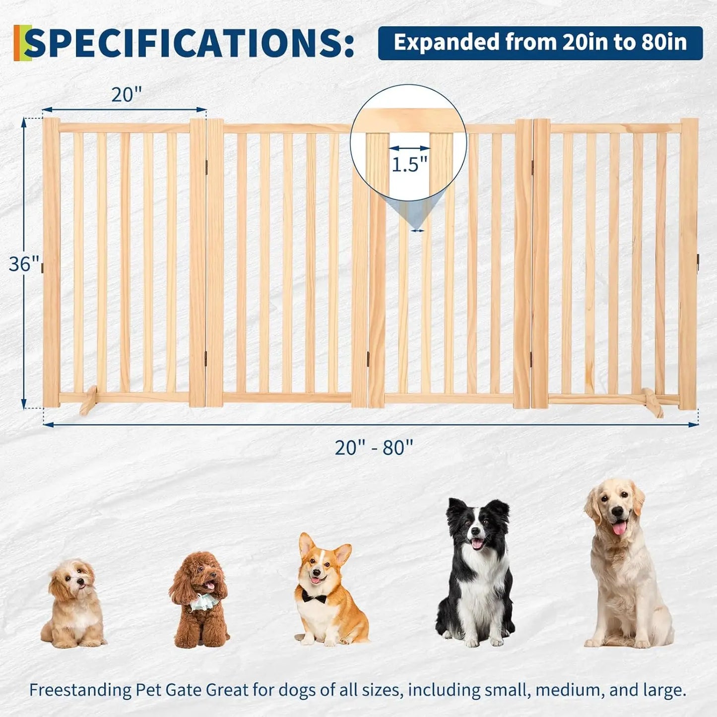 Wooden Freestanding Dog Gate 4 Panel 91cm Tall Collapsible Indoor Pet Fence Solid Pine Wood Step Over Safety Gate for Doorways