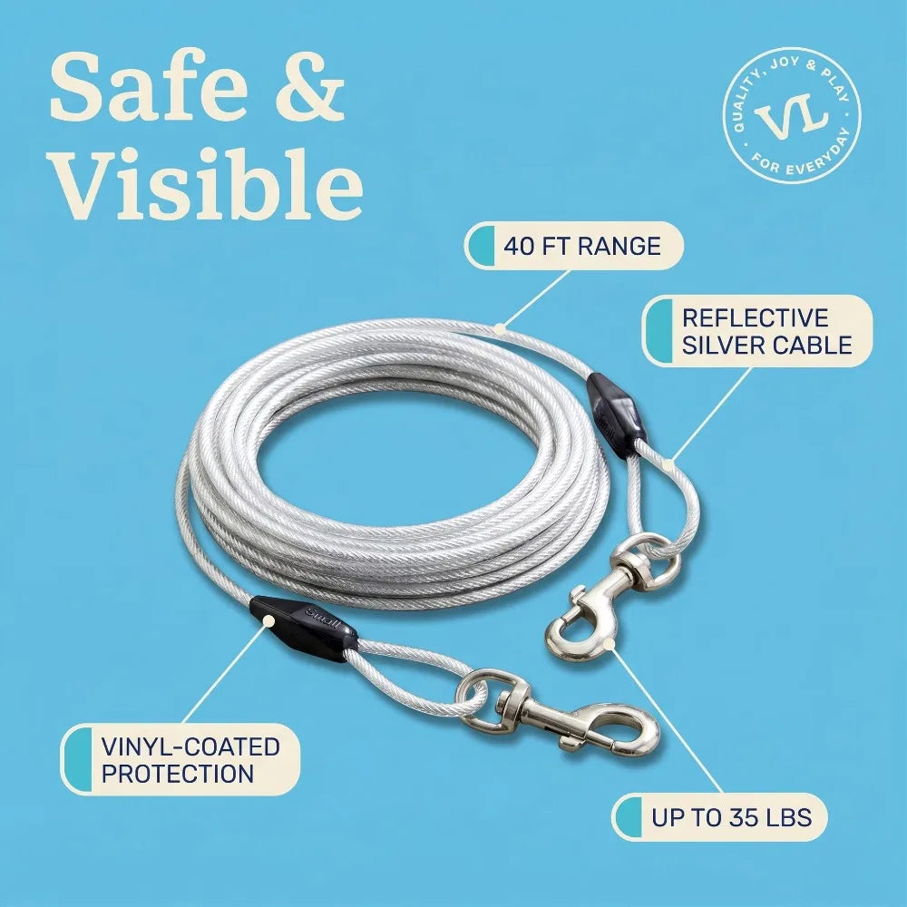 40ft Reflective Dog Tie Out Cable Heavy Duty Vinyl Coated Tether for Outdoor Use Secure Leash Runner Stake with Swivel Clip