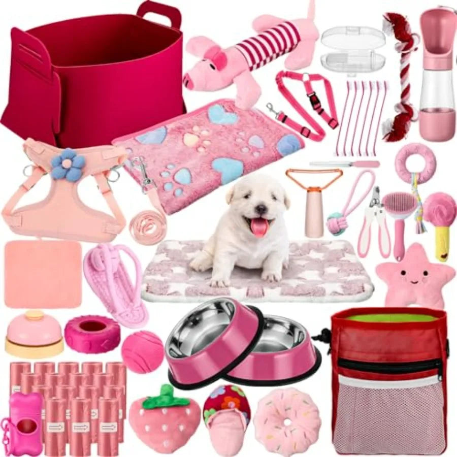 50 Pcs Puppy Supplies Starter Kit for Small Dogs Puppy Essentials Includes Leash, Bowls, Teeth Brushes, Water Bottle, and More