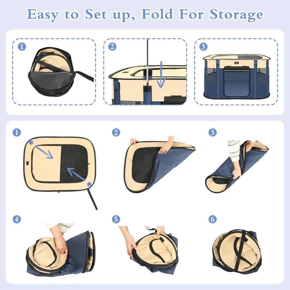 Foldable Dog Playpen Portable Pet Cage for Animals, Indoor / Outdoor Travel Camping Use with Carrying Case Blue