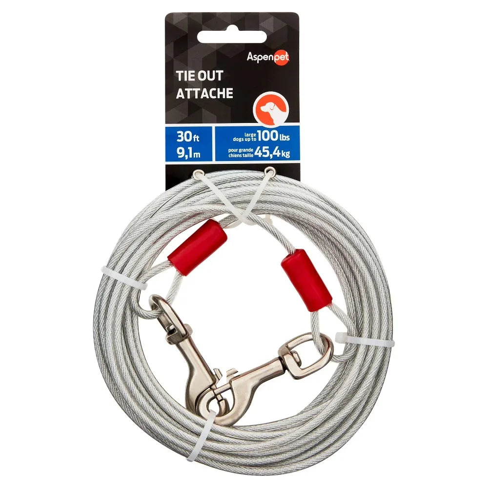 Heavy Duty 30 Feet Galvanized Steel Cable Dog Tie Out Leash for Large Dogs Up to 100 lbs Silver Metal Tether