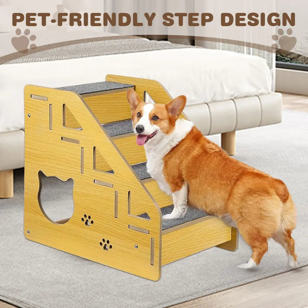4-Step Wooden Pet Stairs Nonslip Carpeted Cat and Dog Steps Dog Stairs Ramp Sofa Ladder for Dogs and Cats for Bed