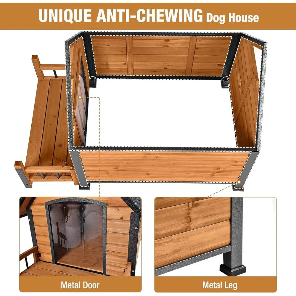 Dog House with Anti-Bite Metal Iron e Outdoor Wooden Dog Kennel Indoor Puppy Shelter or Small Medium Large Dogs Weatherproo(Brow